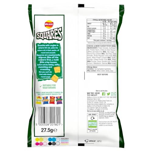 Walkers Squares Cheese and Onion Flavour Potato Snacks, 27.5g (Pack of 32) 3