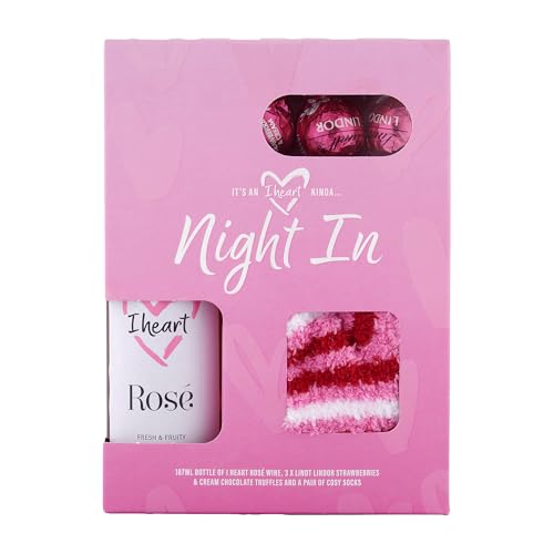 I Heart Rose Wine, Lindt Strawberries & Cream Truffles, and Cozy Stripe Socks Gift Set 3