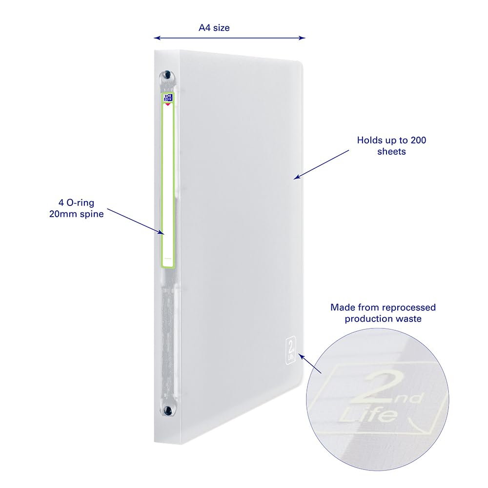 Oxford 2nd Life A4 O-Ring Binder - 20mm Spine, 4 Rings, Clear Polypropylene 2
