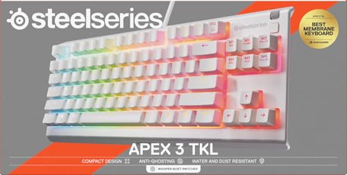 SteelSeries Apex 3 TKL Weiße RGB-Gaming-Tastatur – UK-Layout – 8-Zonen-RGB – Flüsterleise Schalter – Wasserfest 8