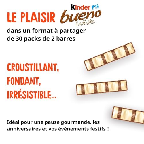 Kinder Bueno White Wafer Twin Bars, 60 Individually Wrapped Chocolate Bars, Milk Chocolate with Hazelnut Filling, Pack of 30 x 2 3