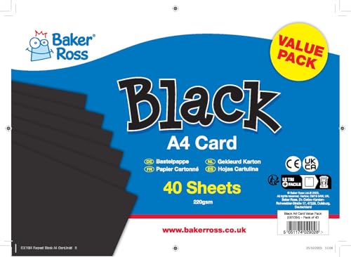 Baker Ross EX1054 A4 Black Card Pack of 40 Sheets (220 gsm) for Crafting Activities