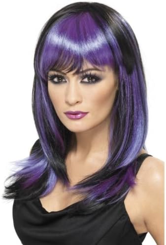 Smiffys Glamour Witch Black and Purple Long Wig with Fringe, One Size