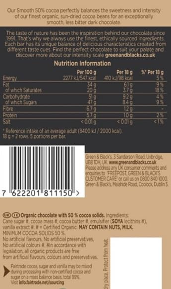 Green & Black's Organic Smooth Chocolate Bar, 50% Cocoa, 90g