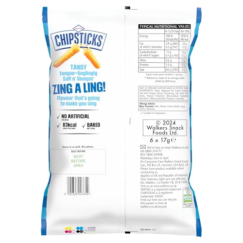 Smiths Chipsticks Salt & Vinegar Flavour Crisps Multipack 6 x 17g 3