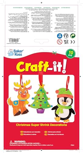 Baker Ross Christmas Super Shrink Decorations - Pack of 10 Plastic Craft Kit for Kids 10