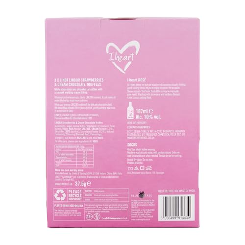 I Heart Rose Wine, Lindt Strawberries & Cream Truffles, and Cozy Stripe Socks Gift Set 4