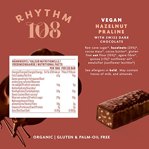 Rhythm 108 Swiss Vegan Hazelnut Praline Bar with Dark Chocolate 15 x 33g 6