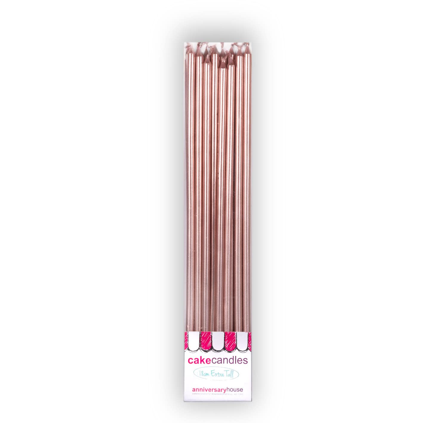 Anniversary House 16-Pack Extra Tall Slim Birthday Cake Candles with Holders - Metallic Rose Gold, 18cm