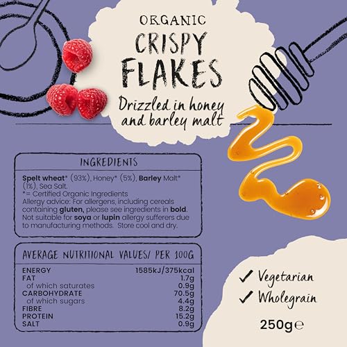 Amisa Organic Spelt Crispy Flakes 250g - High Fibre Breakfast Cereal with Honey & Barley Malt 4