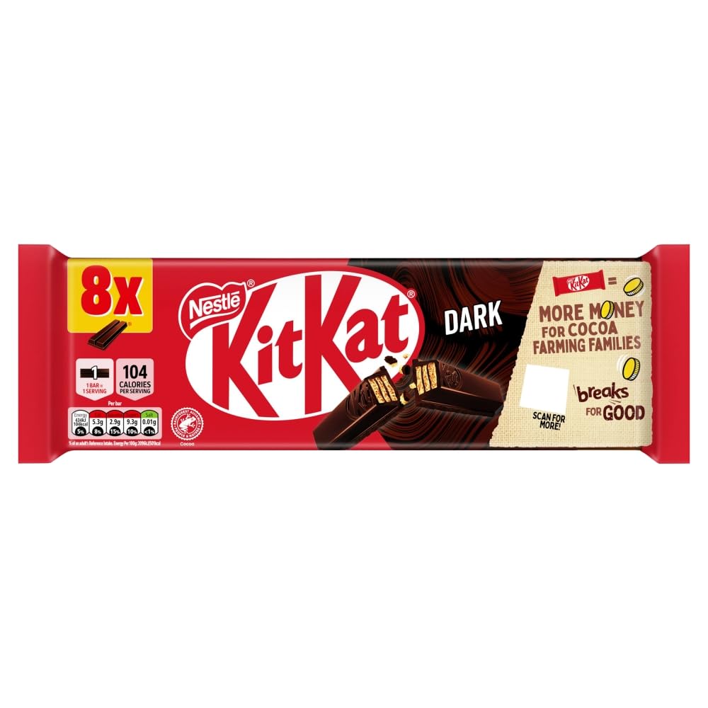 KitKat 2 Finger Dark Chocolate Biscuit Bars – 8 Pack (8 x 20.7 g) | Crisp Wafer & Smooth Dark Chocolate Snack