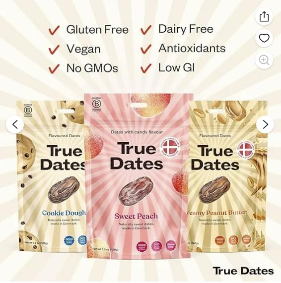 True Dates - Creamy Peanut Butter Candy Coated Dates | No Added Sugar, Vegan, Palm Oil Free | 100g