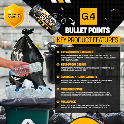 G4GADGET 70L Black Bin Bags (50 Bags) – Heavy-Duty Refuse Sacks for Home & Commercial Use 6