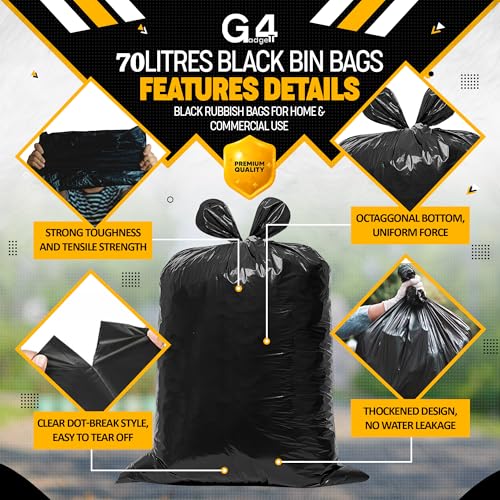 G4GADGET 70L Bin Bags (10 Pack) - Heavy Duty Black Refuse Sacks, Tear & Leak-Resistant Waste Bags 7