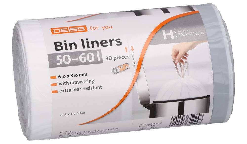 DEISS 50-60 Litre Bin Liners with Drawstring for Brabantia Touch Bin Size H - Pack of 30