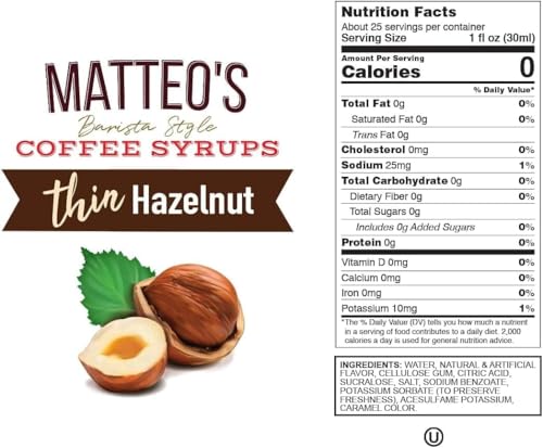 Matteo's Sugar Free Coffee Flavoring Syrup, Hazelnut, 0 Calorie, Keto Friendly, 25.4 Oz 12