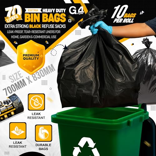 G4GADGET 70L Bin Bags (10 Pack) - Heavy Duty Black Refuse Sacks, Tear & Leak-Resistant Waste Bags 9