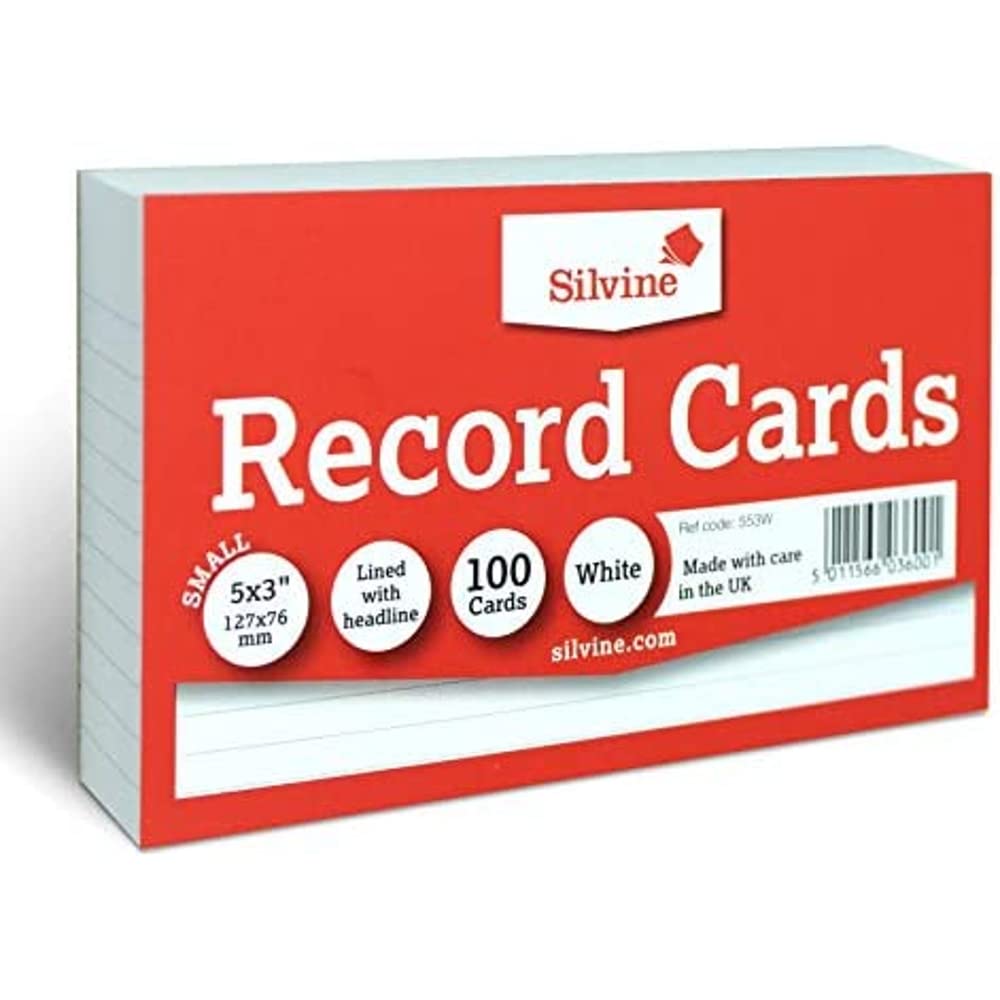 Silvine Record Cards - 5x3 Inch | Lined with Headline | 100 Cards per Pack | White