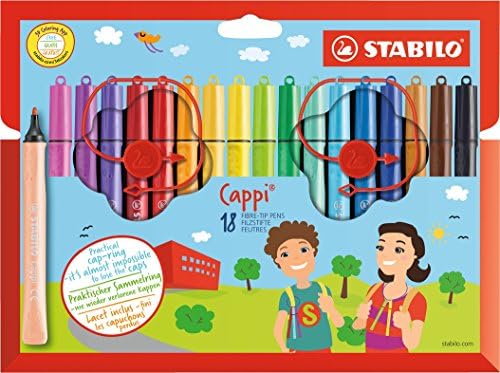 STABILO Cappi Felt Tip Pens - 18 Assorted Colors with Cap Rings for Kids