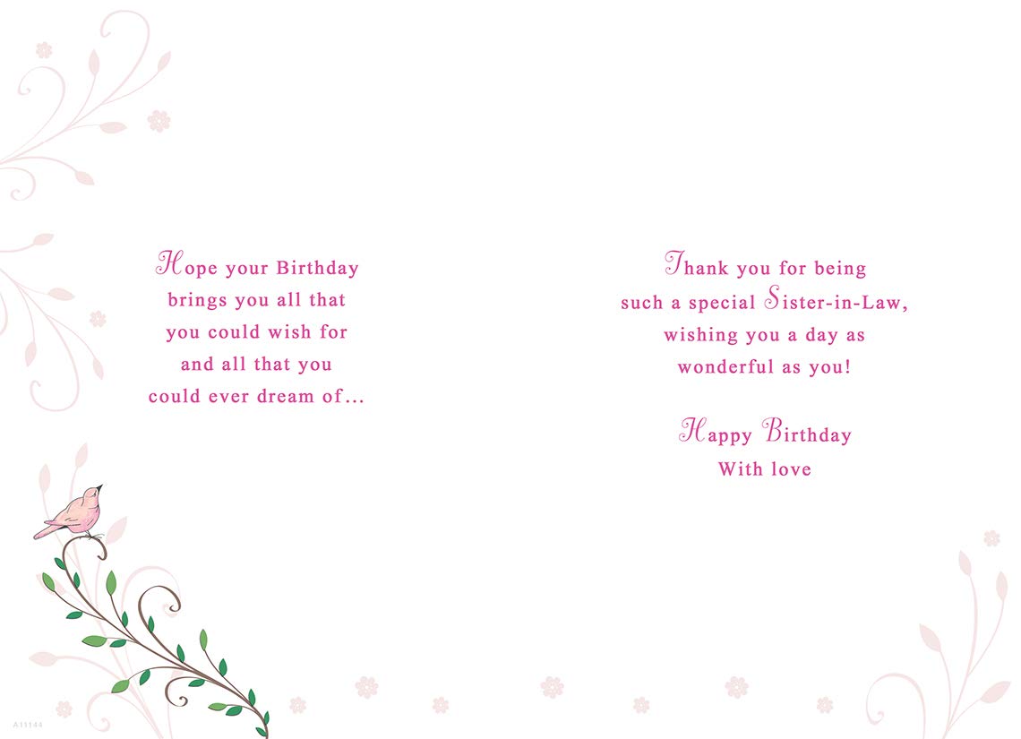 Piccadilly Greetings Traditional Birthday Card for Sister In Law | 9 x 6 Inches | White Gold Pink