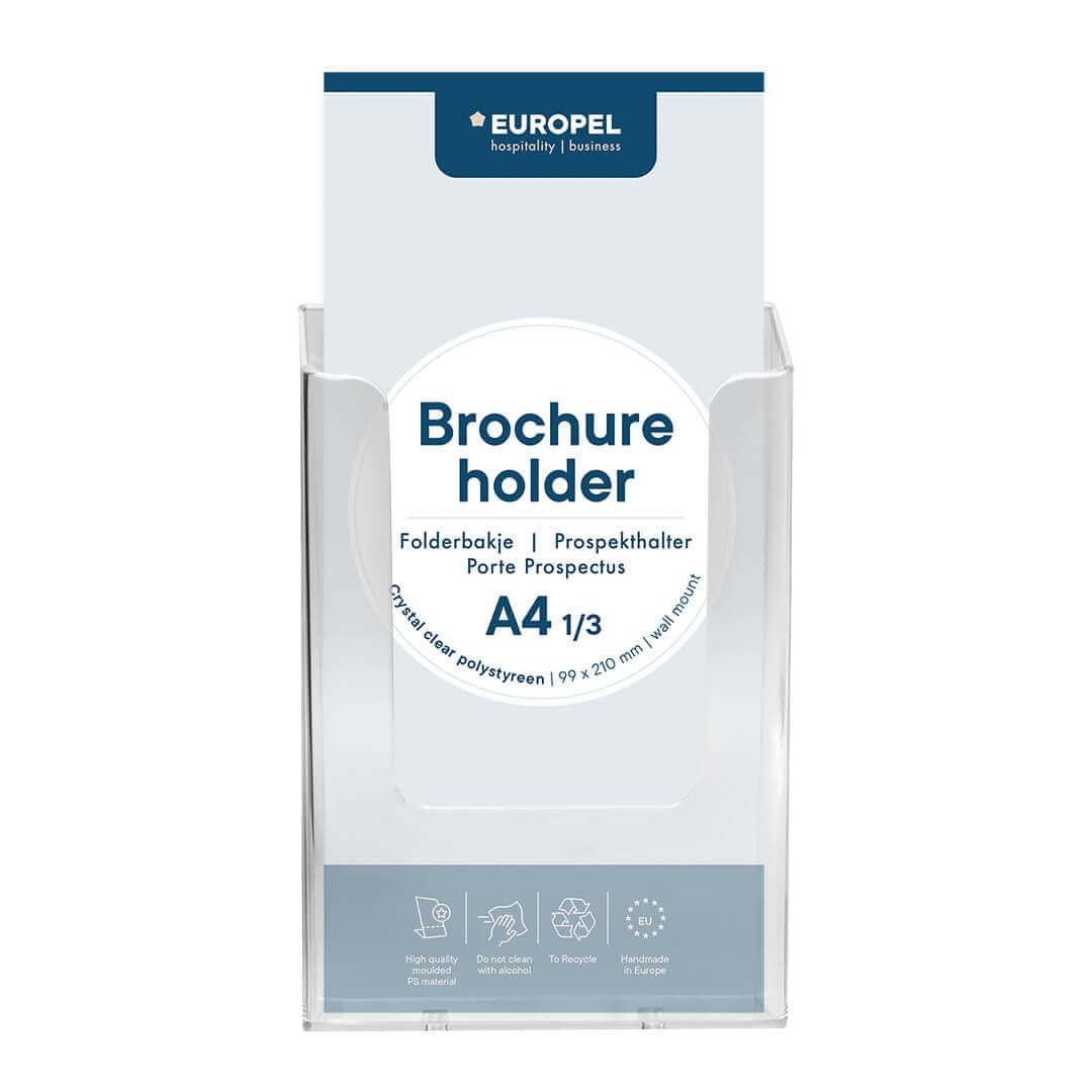 Europel Wall Mounted Brochure Holder - Clear Acrylic | For 1/3 A4 Size | Styrene