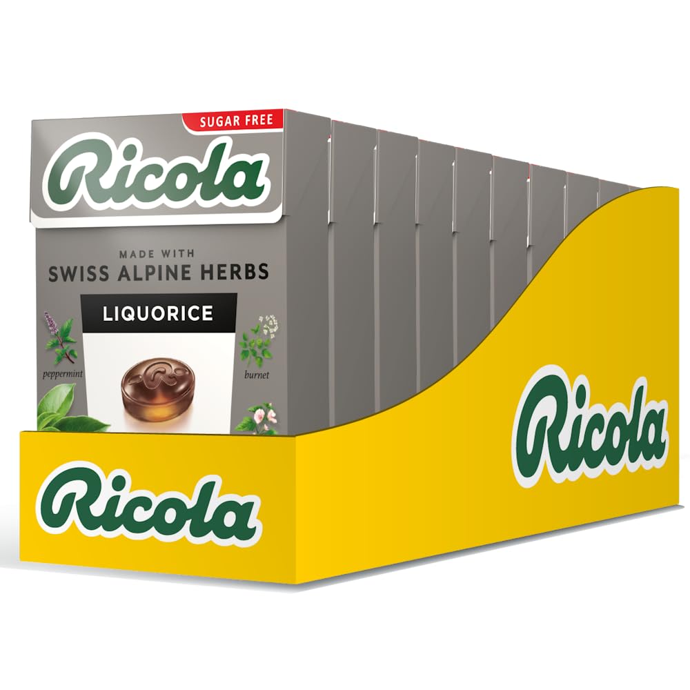 Ricola Liquorice Sugar Free Swiss Herbal Sweets, 10-Pack Sweet Box, Stevia-Sweetened Herb Drops with 13 Alpine Herbs, 45g