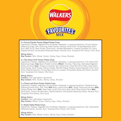 Walkers Favourites Mix Multipack Chips, 18er-Pack – Käse und Zwiebeln, fertig gesalzen, Paprika, süße Thai-Chili 6