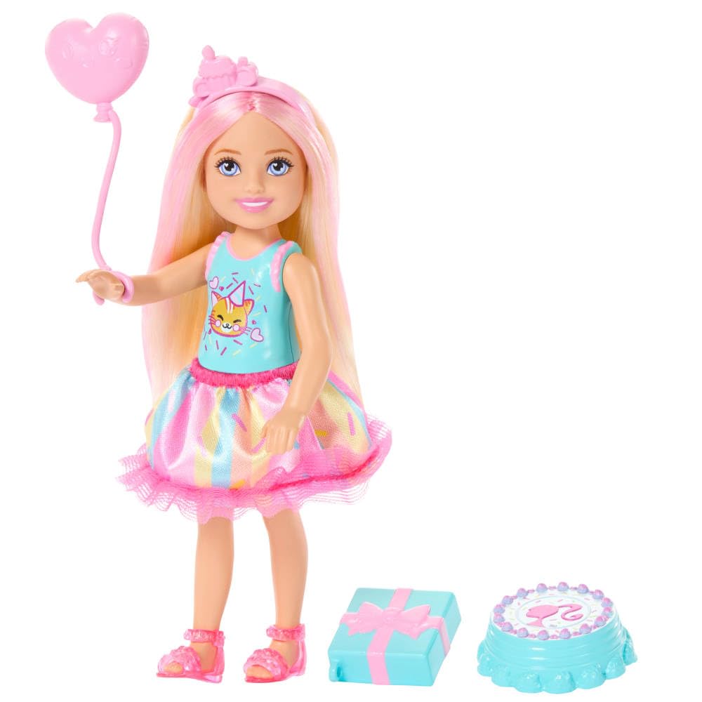 Barbie Club Chelsea 6-Inch Birthday Doll with Pink Streaks, Kitten Top & 4 Accessories | Ages 3+