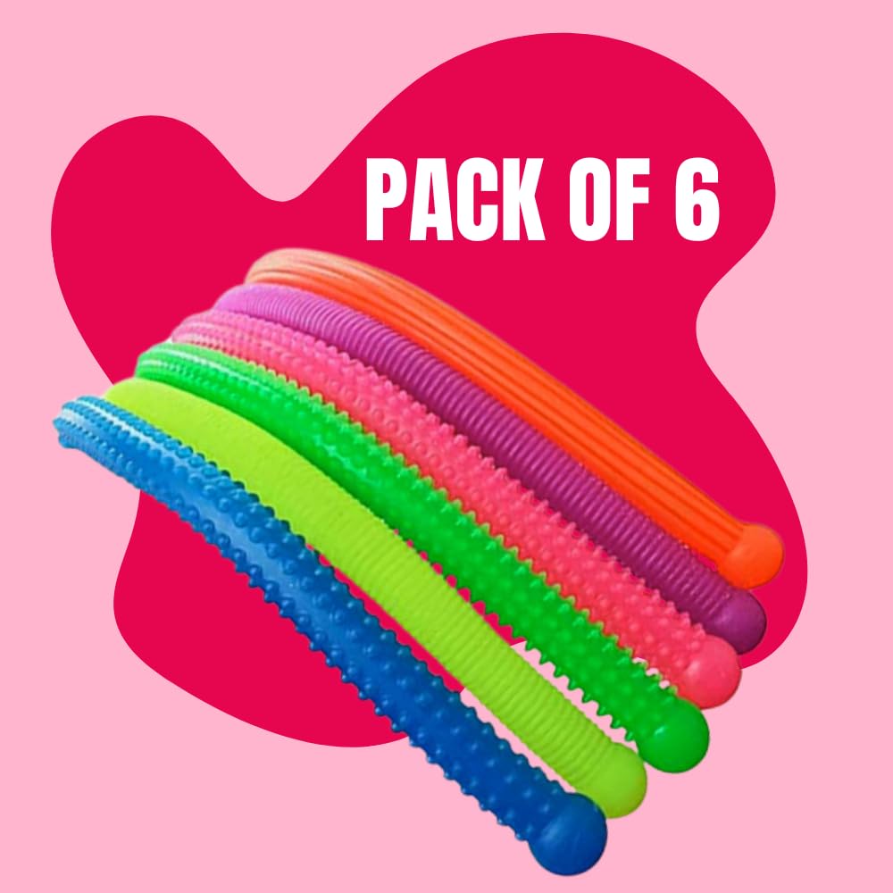 Playlearn Sensory Fidget Textured Elastic Stretchy Snakes - 6 Pack for Kids 3+ 7