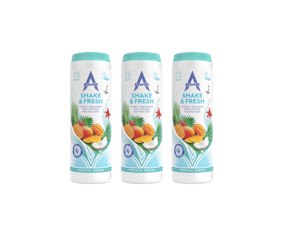 Astonish Shake & Fresh Carpet Freshener - Tropical Breeze Odour Eliminator, 3-Pack