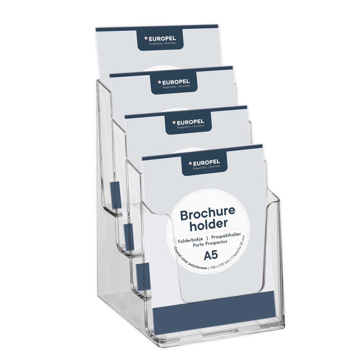 Europel Tiered Brochure Holder Stand - 4x A5 Capacity | Clear Acrylic | Tabletop Mounting