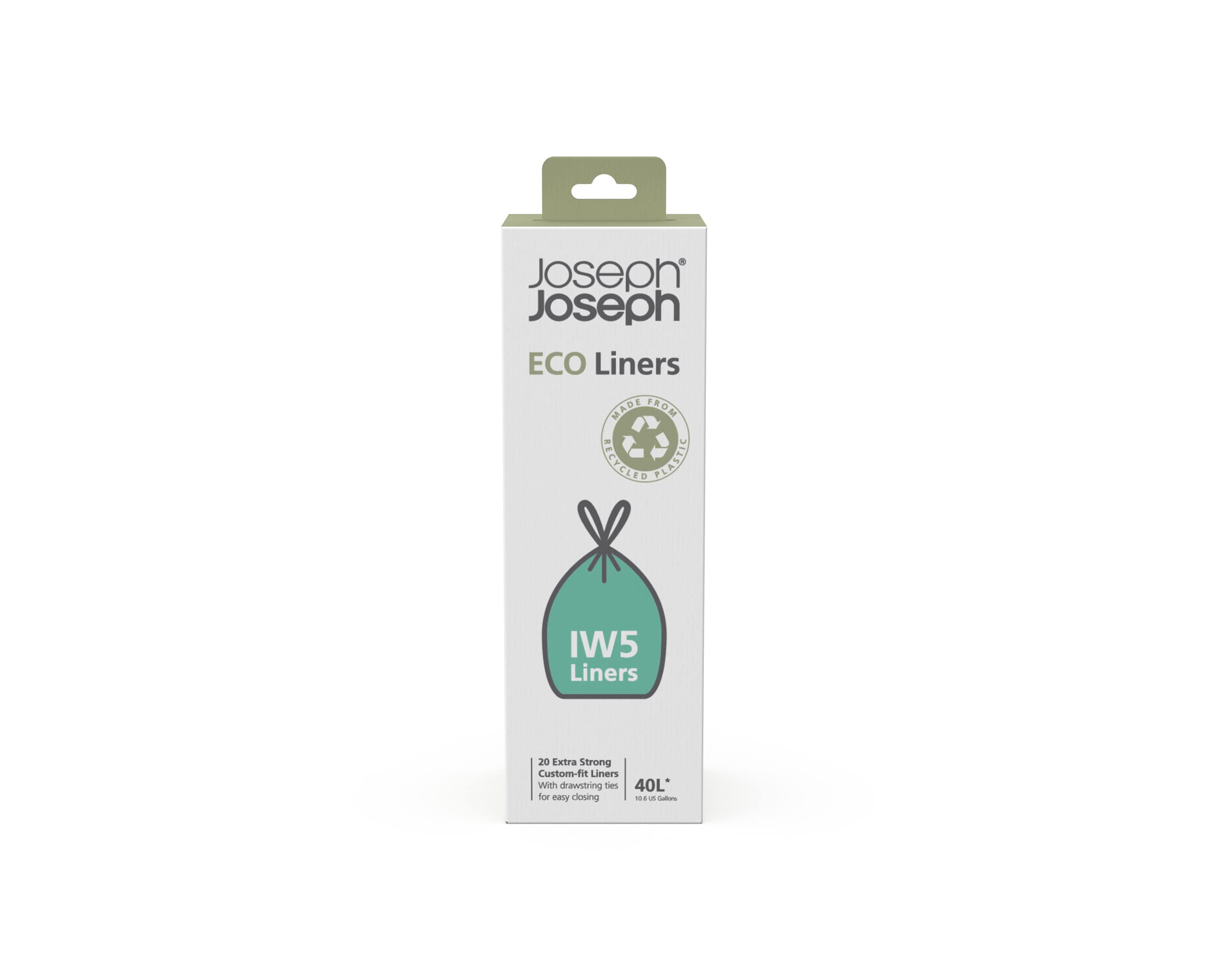 Joseph Joseph IW5 Eco Recycled Plastic Bin Liners - 40L Capacity, Drawstring, Grey (20 Pack)