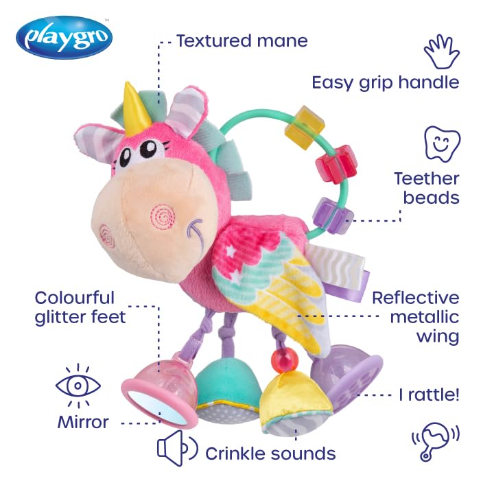 Playgro Unicorn Clip Clop Activity Rattle - Sensory Teether for 3M+