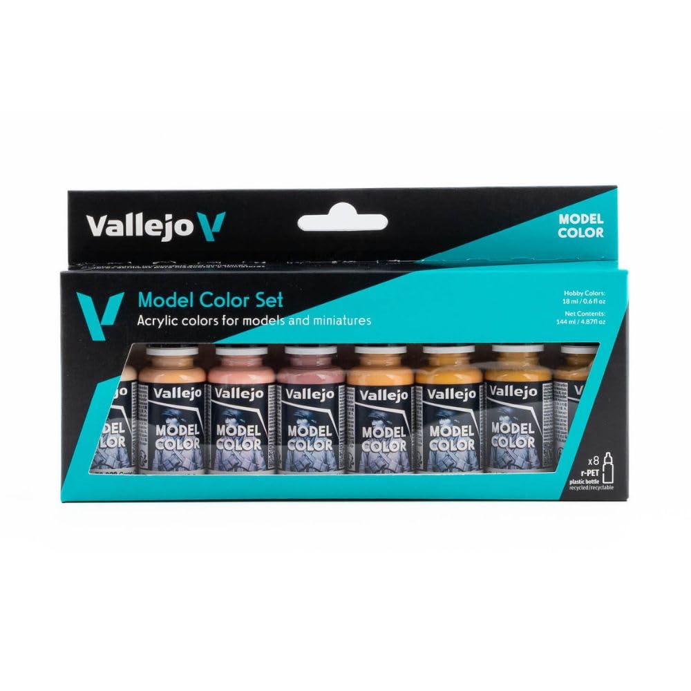 Vallejo Model Color Acrylic Paint Set - 8 Skin and Flesh Tones, 18 ml Dropper Bottles, Matte Finish