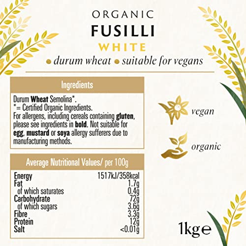 Biona Organic White Fusilli 1kg - Made with Fine Italian Durum Wheat