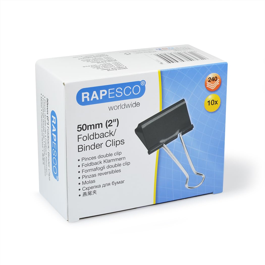 RAPESCO FBC500B1 Foldback Clips - 50mm Capacity, Black, Pack of 10 | Tempered Steel 1