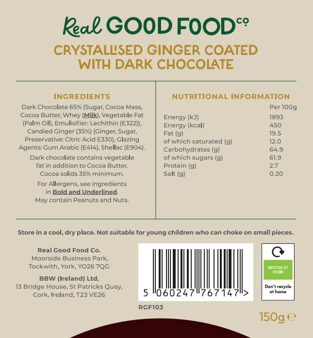 Real Good Food Co. Dunkle Schokolade mit Ingwer, 150-g-Beutel – Schokoladenüberzogene Ingwer-Snacks 3