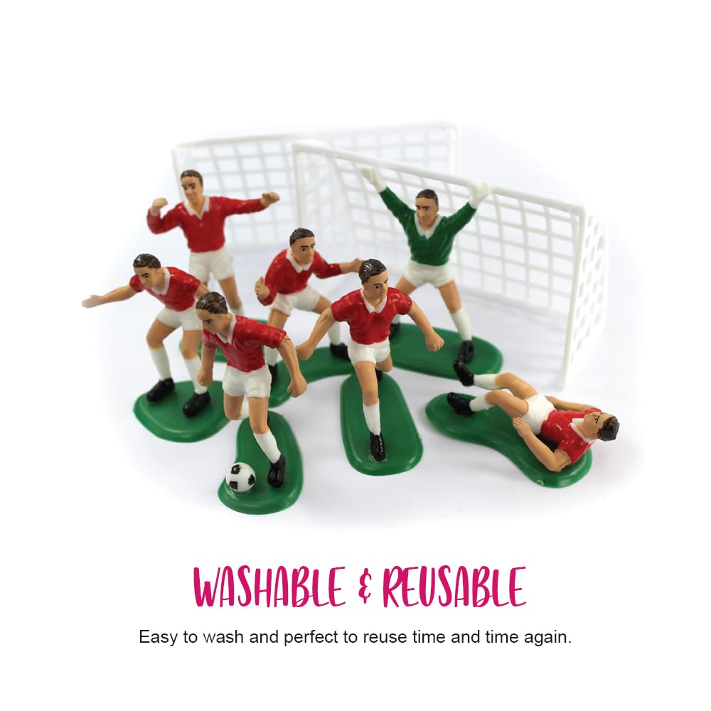 Anniversary House Football Cake Topper Set - 9 Pieces (7 Footballers, 2 Goals) | Red | Reusable
