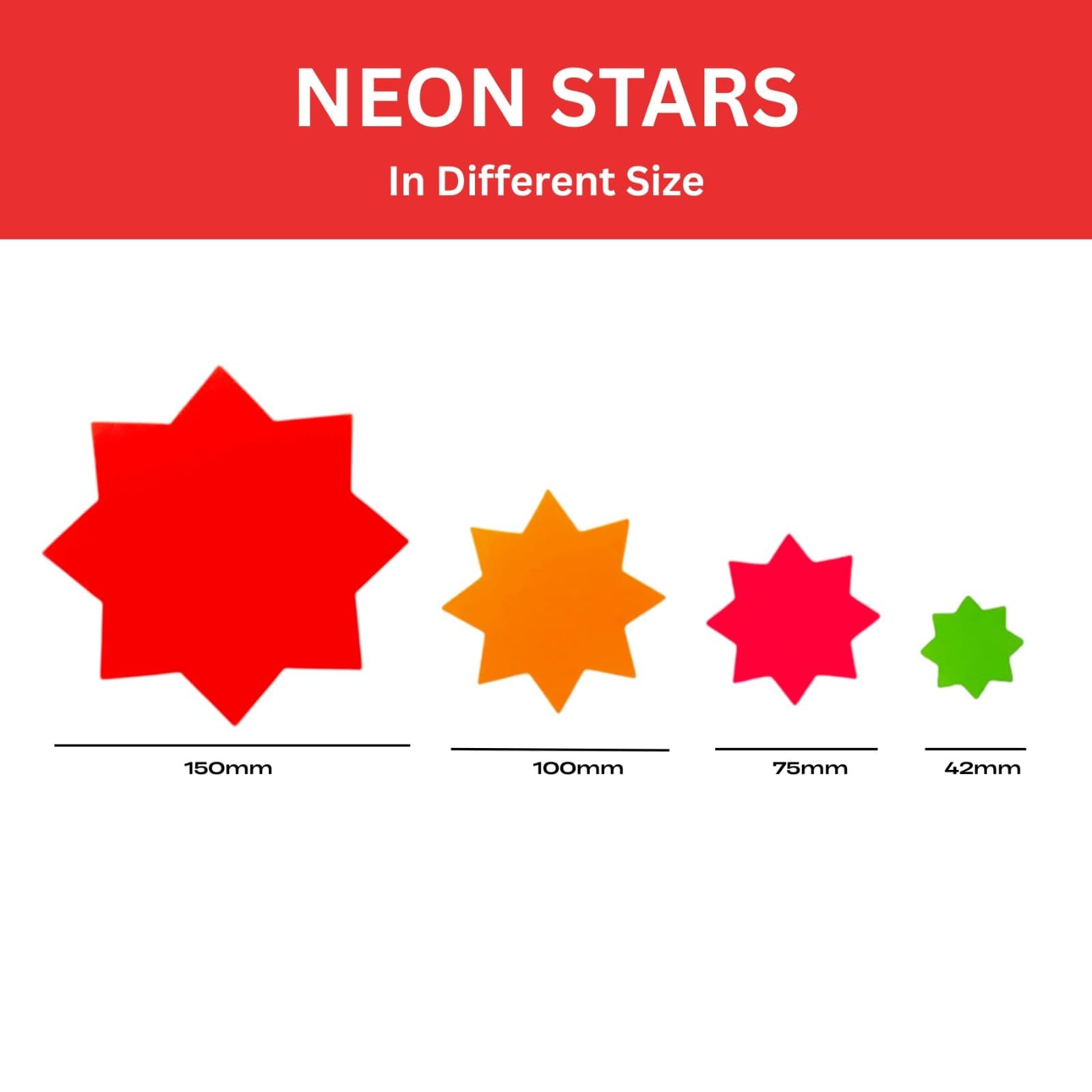 Janrax Neon Fluorescent Star Labels - Assorted Colours, 100 x 100mm | Pack of 40 3