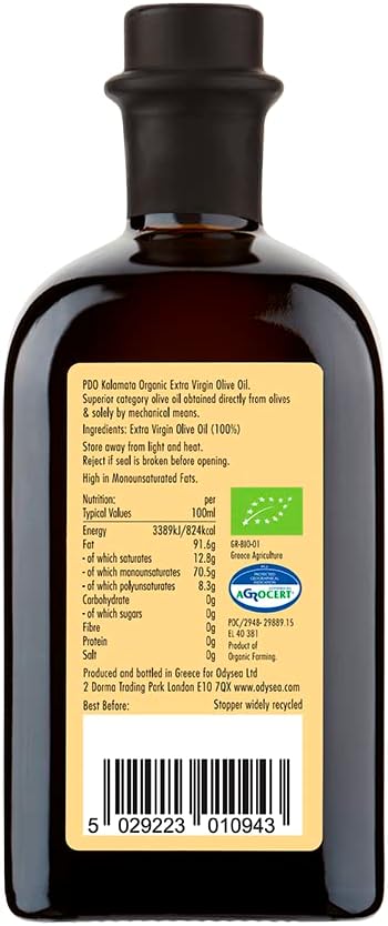 Odysea Organic Extra Virgin Olive Oil, PDO Kalamata EVOO, 500ml Glass Bottle