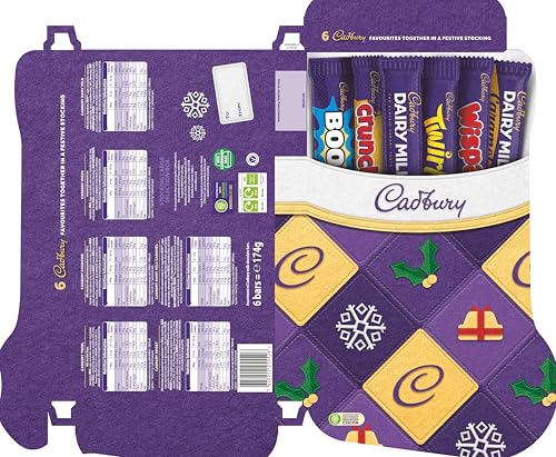 Cadbury Festlicher Strumpf Schokoladen-Auswahlbox – 6 verschiedene Milchriegel, Weihnachtsgeschenk 6