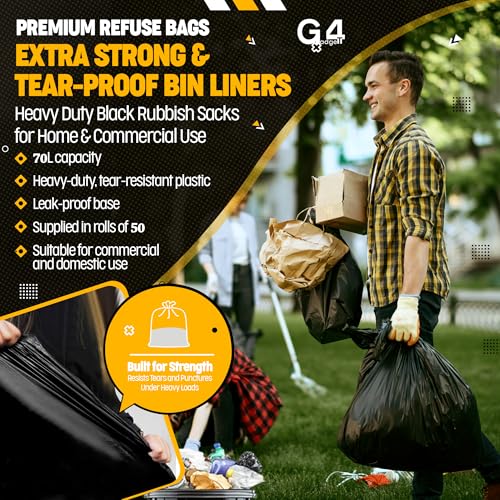 G4GADGET 70L Bin Bags (10 Pack) - Heavy Duty Black Refuse Sacks, Tear & Leak-Resistant Waste Bags 5
