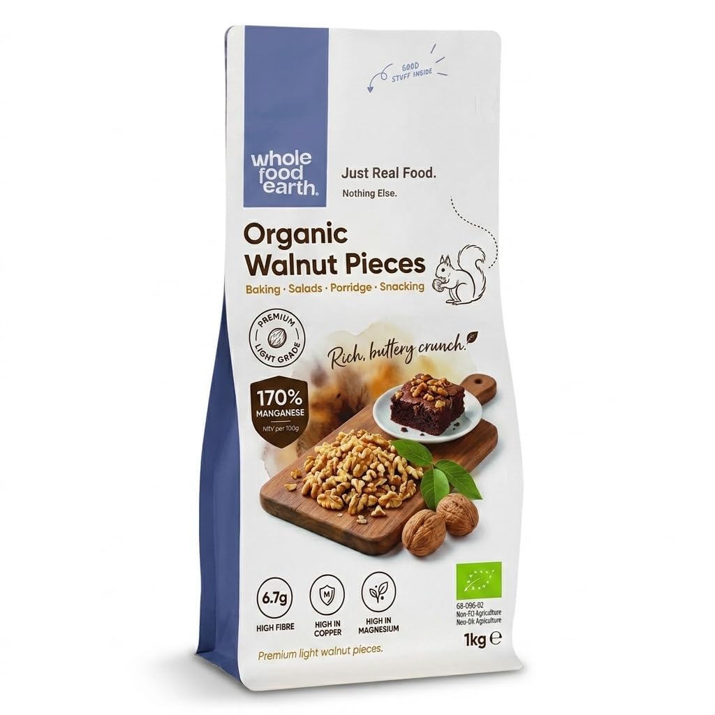 Wholefood Earth Organic Large Walnuts Pieces - Raw | Skin-On | 1kg