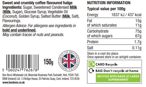 Bon Bon's Gourmet - Coffee Fudge Bag, Handmade British All Butter Fudge, 150g