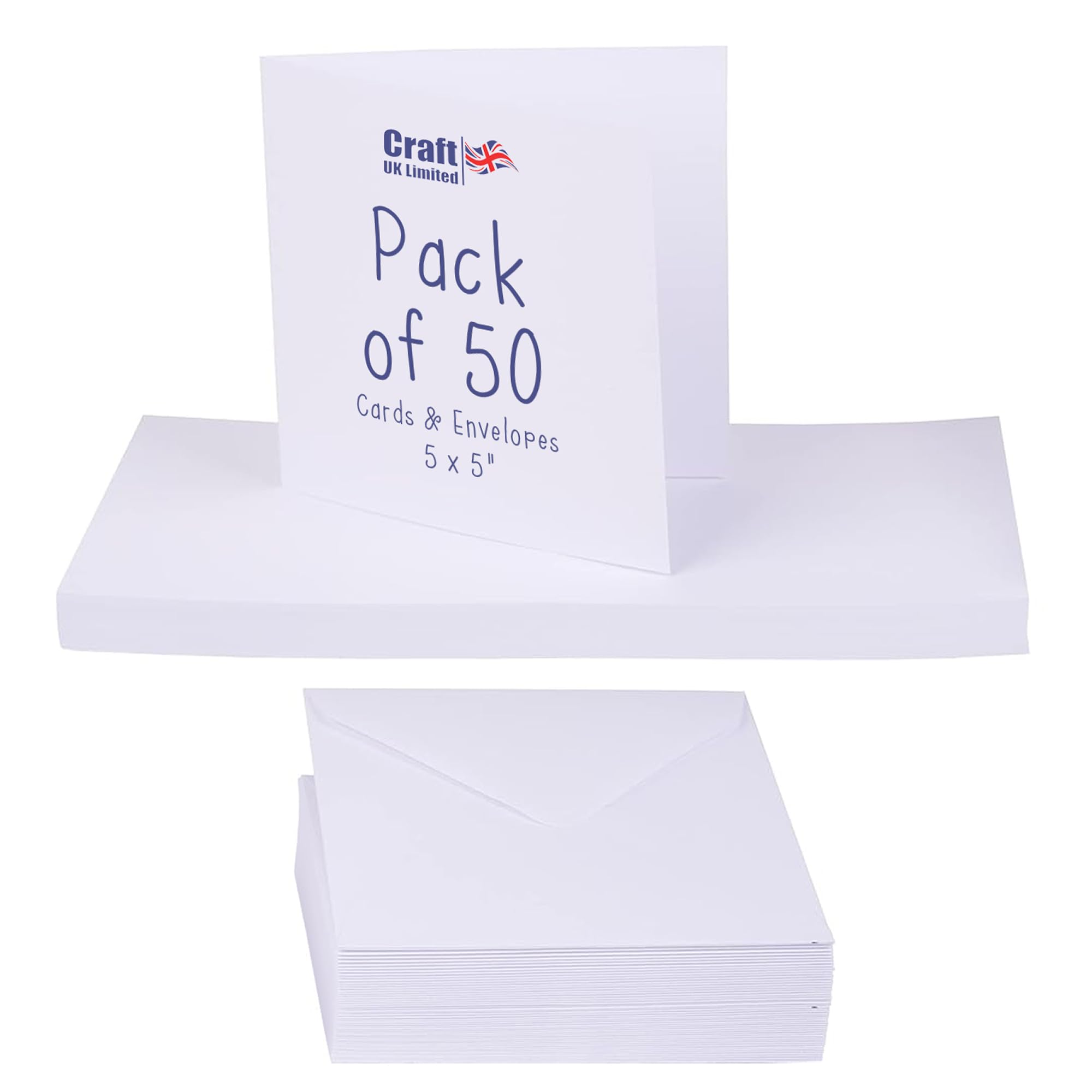 Craft UK 243 White 5x5 Inch Card and Envelope Pack of 50 | Premium UK Made Card Stock