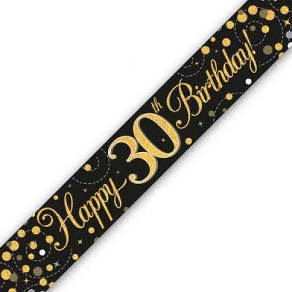OakTree Sparkling Fizz 30th Birthday Banner - Black & Gold Holographic | 9ft Length | Polyester