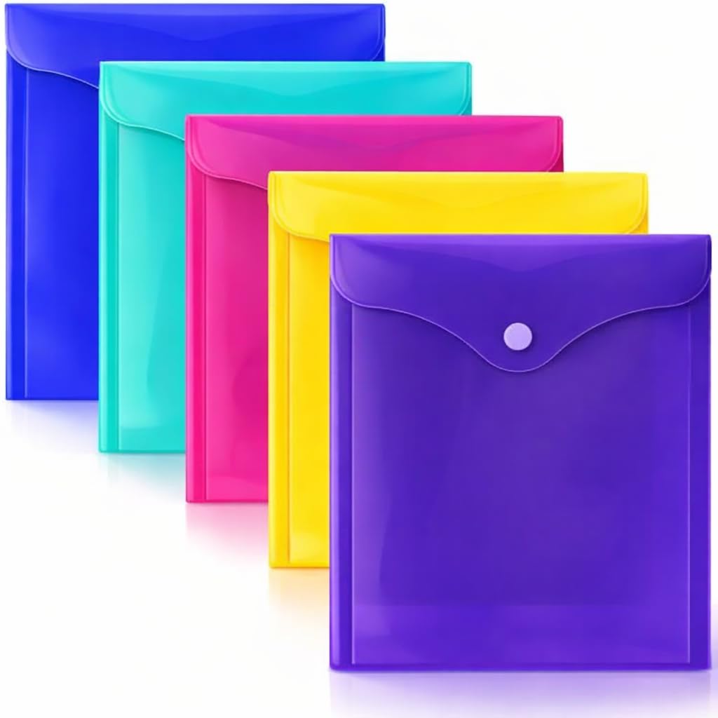 1ABOVE A5 Popper Wallets - Pack of 5 Assorted Colour Plastic Document Folders