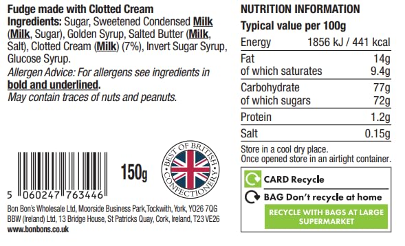 Bon Bon's Gourmet - Clotted Cream Fudge Bag, Handmade British Fudge, 150g