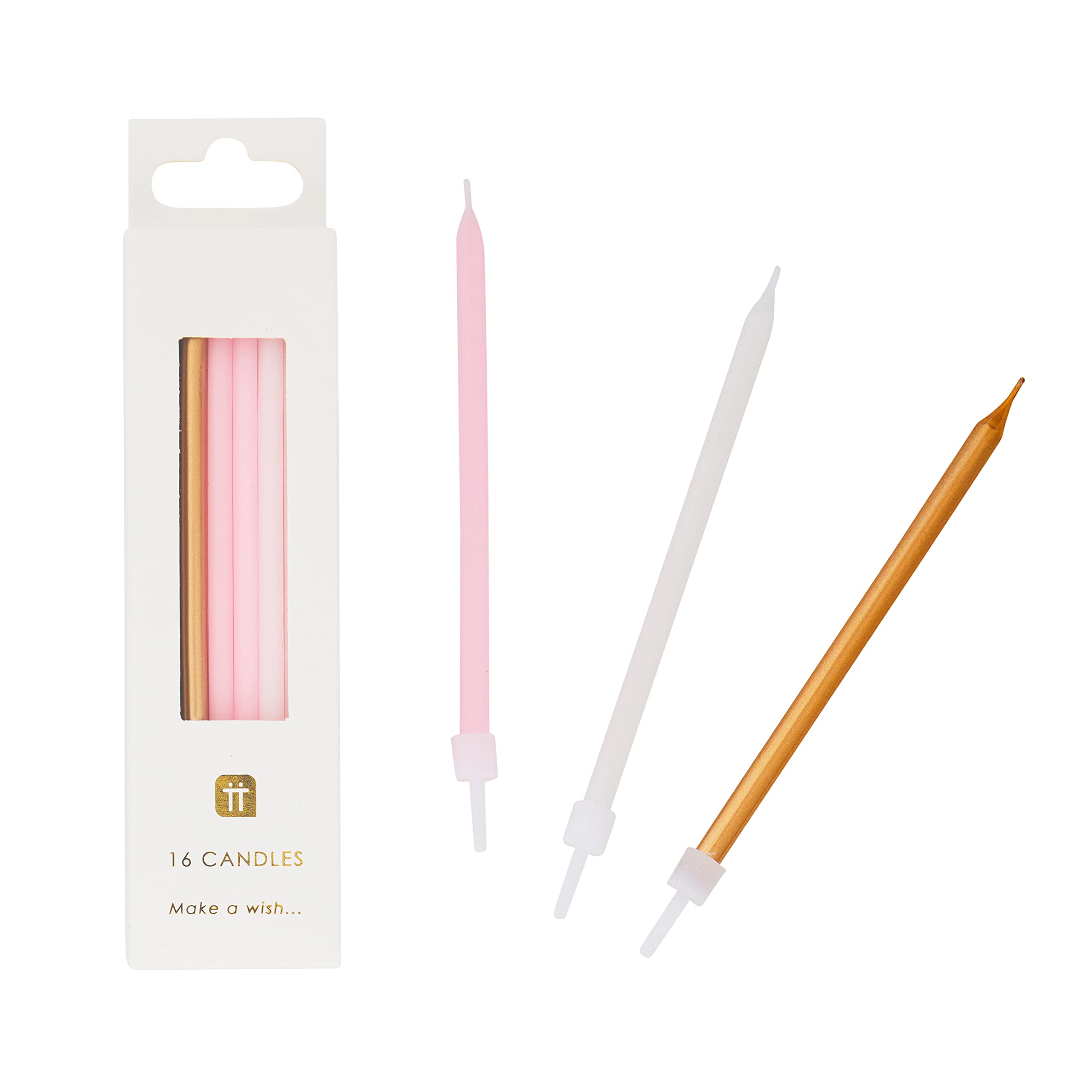 Talking Tables 16 x Tall Birthday Candles with Holders - Pink, Gold & White | 10cm Size