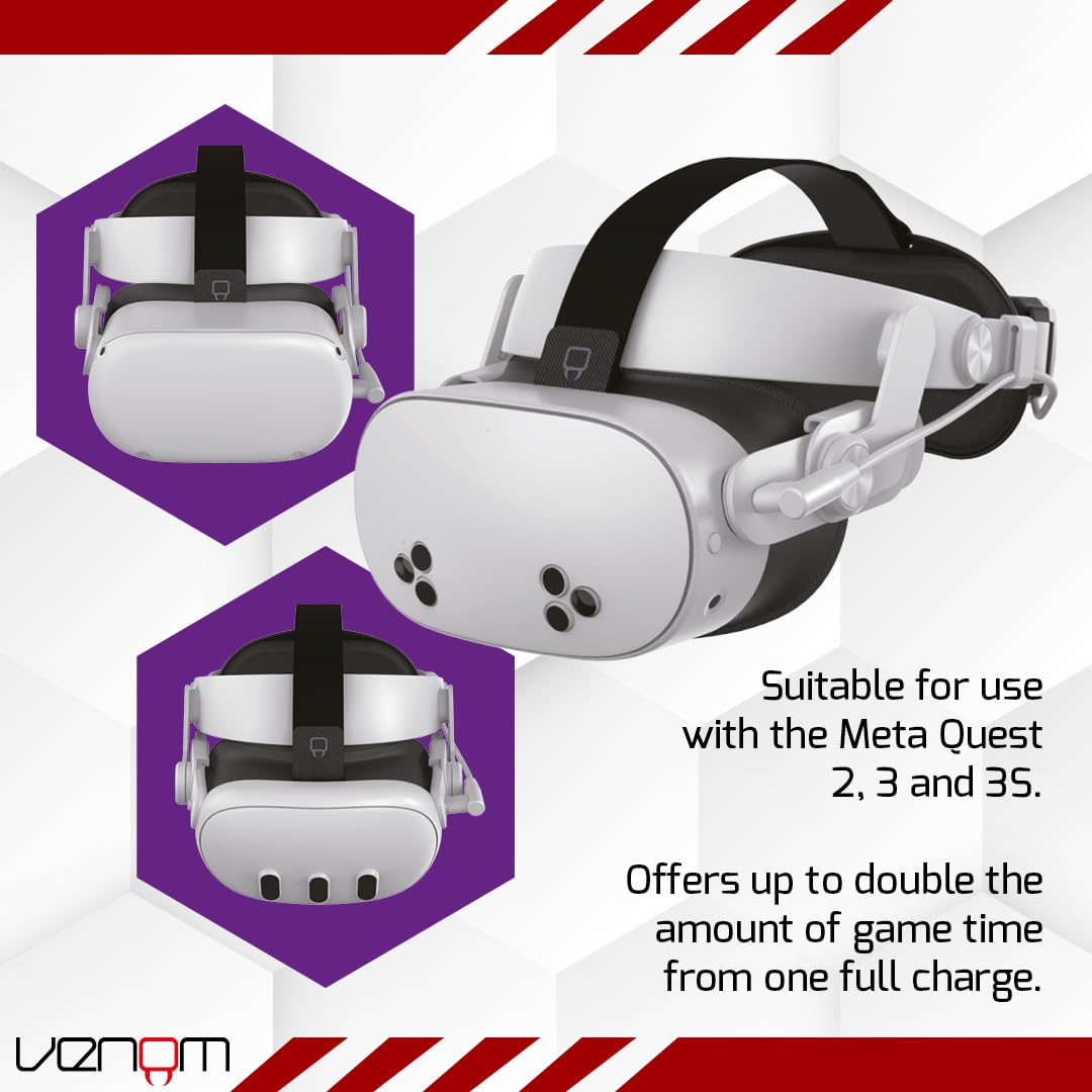 Venom Power Strap for Meta Quest - Padded Headstrap with 5000mAh Battery for Quest 3S, Quest 3 & Quest 2 3